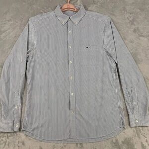 Vineyard Vines White and Blue “On-The-Go Performance” Striped Button-Down Shirt